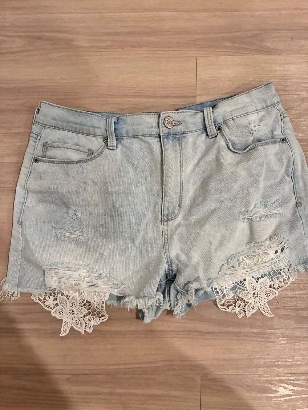 Mudd FLX Stretch High-Rise Shortie Distressed Denim Shorts with Crochet Lace Tri